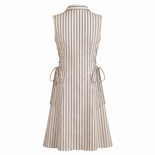 Beige Stripe Short Tie Waist Dress