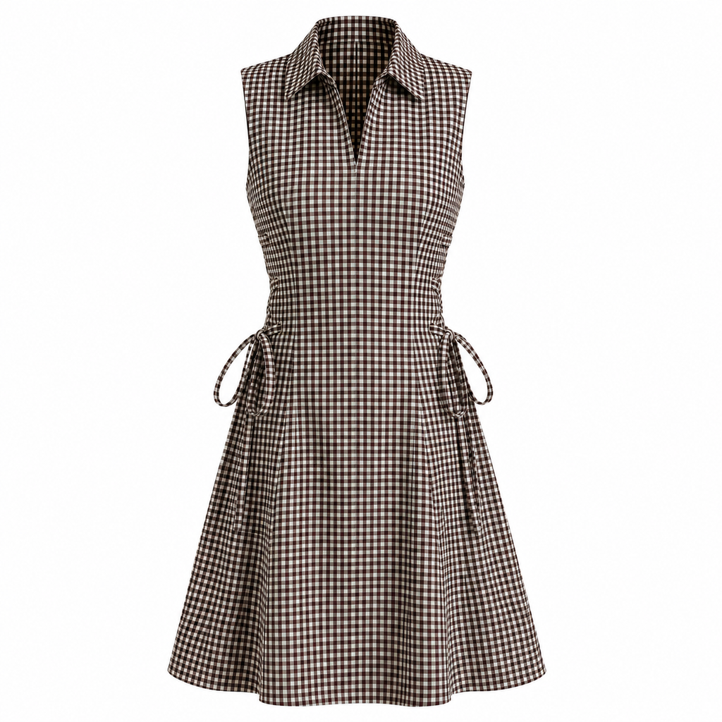 Brown Check Short Tie Waist Dress