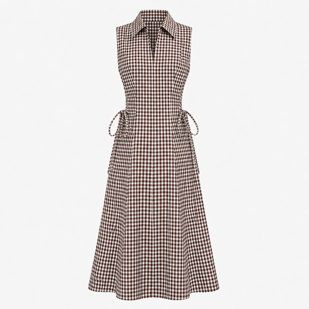 Cotton Brown Check Tie Waist Dress