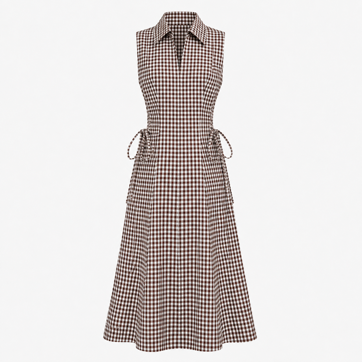 Cotton Brown Check Tie Waist Dress