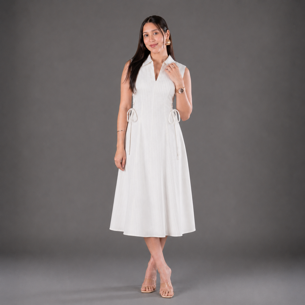 White Stripe tie-waist dress- Midi Length