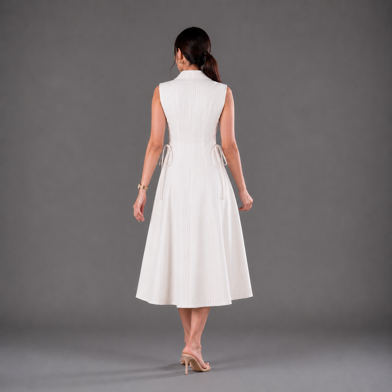 White Stripe tie-waist dress- Midi Length