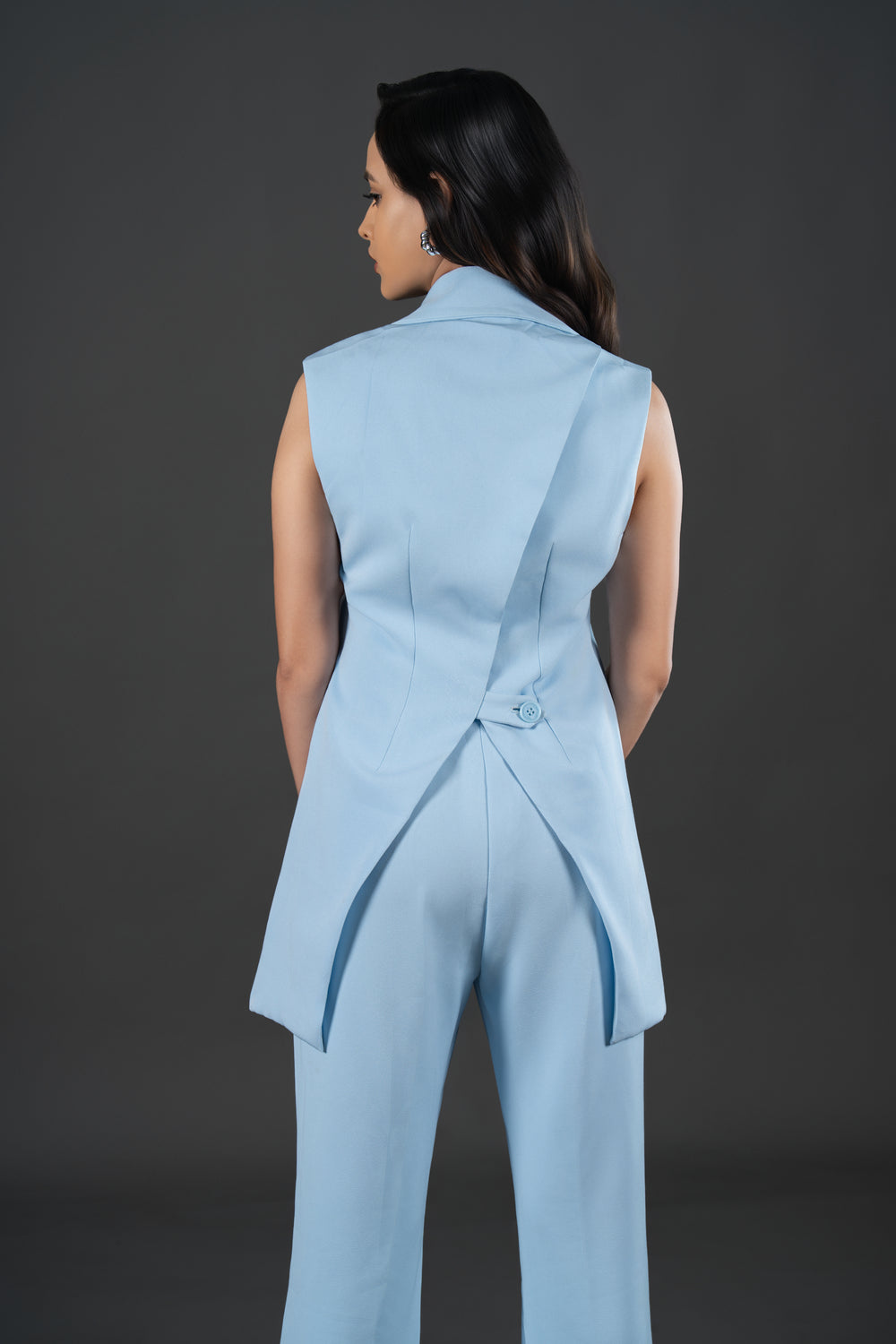 Women’s Blue Long Waistcoat Co-ord Set – Tailored Sleeveless Trouser Set