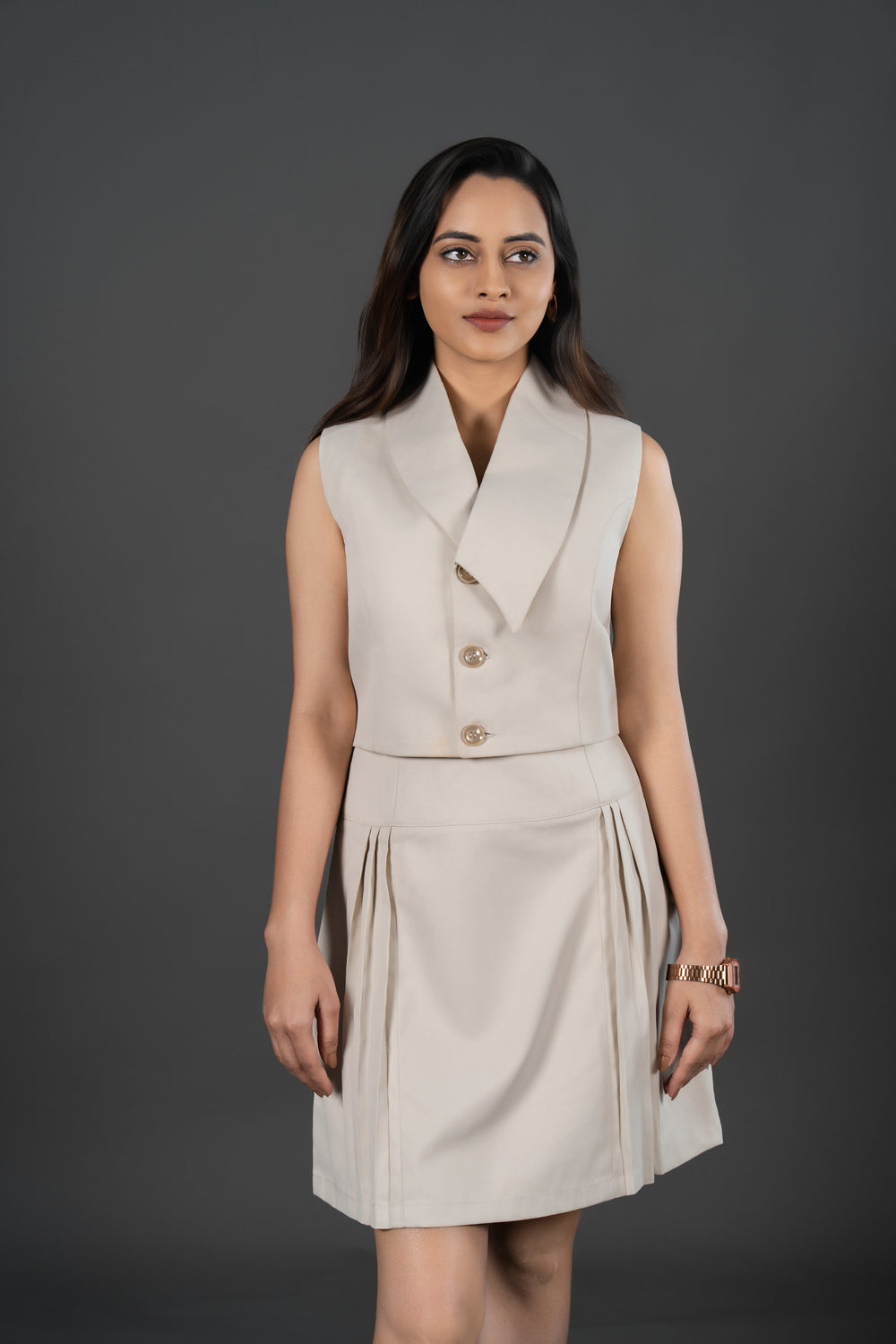 Women's Beige Pleated Mini Skirt