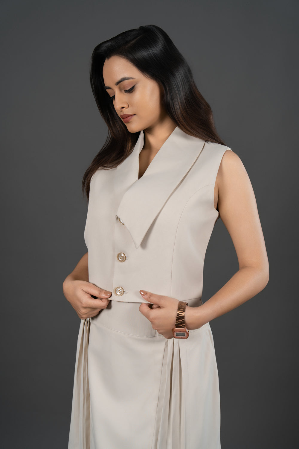 Women’s Beige Formal Waistcoat Top – Tailored Sleeveless Workwear Vest