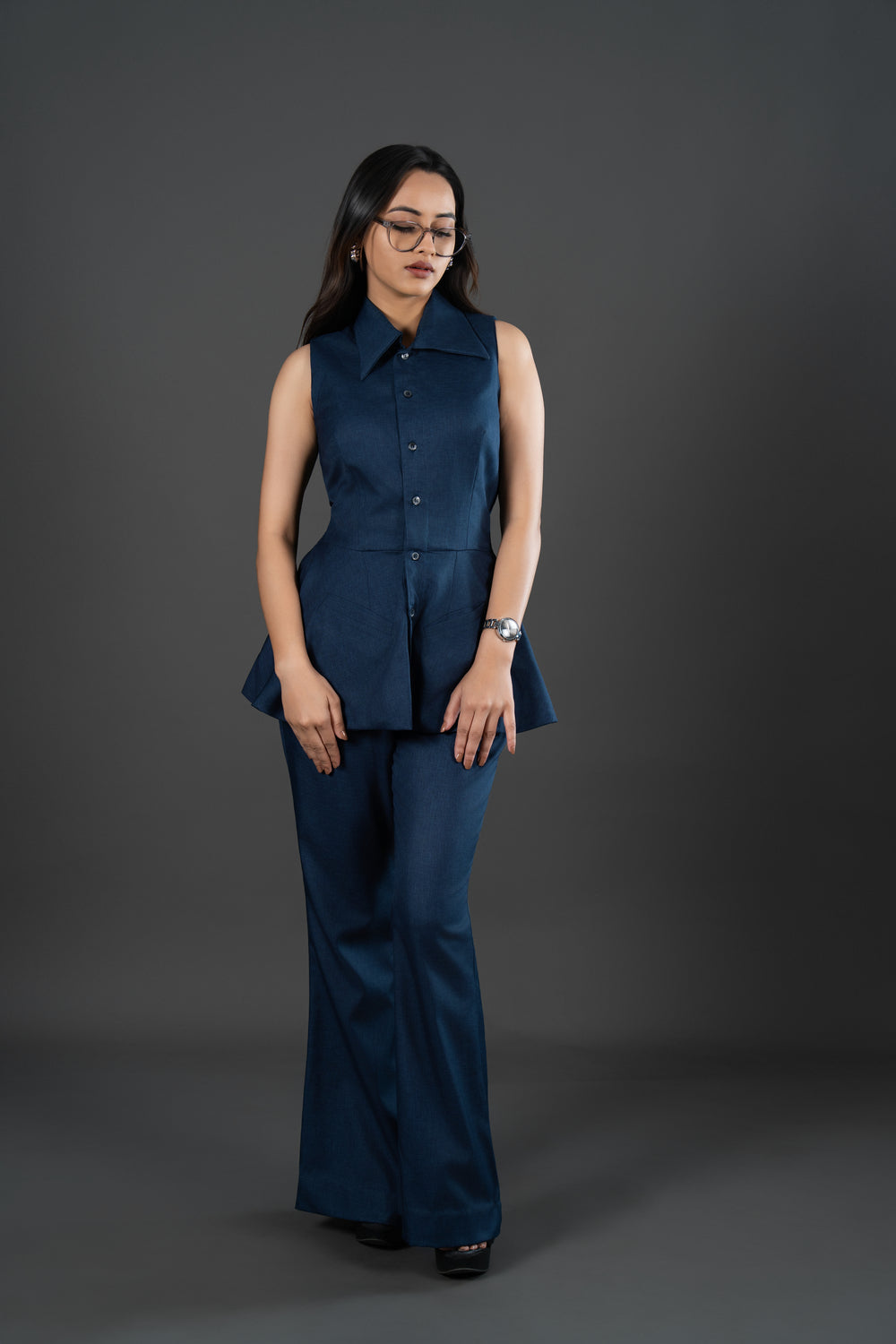 Women’s Navy Blue Co-ord Set – Tailored Peplum Top & Flared Trouser Set