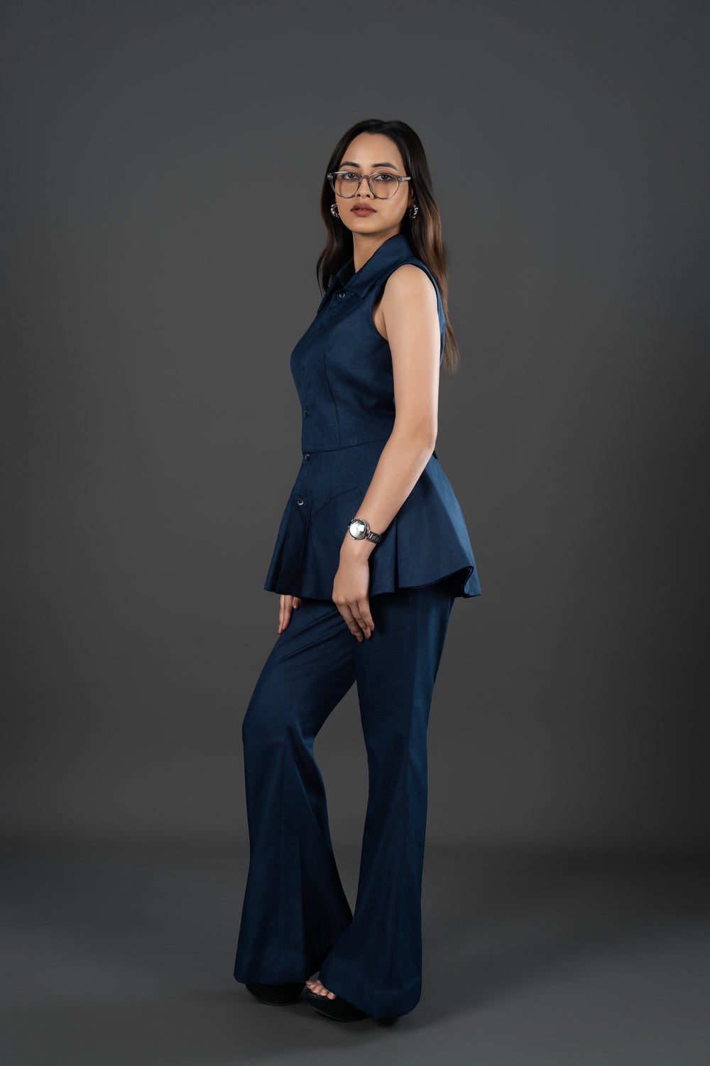 Women’s Navy Blue Co-ord Set – Tailored Peplum Top & Flared Trouser Set