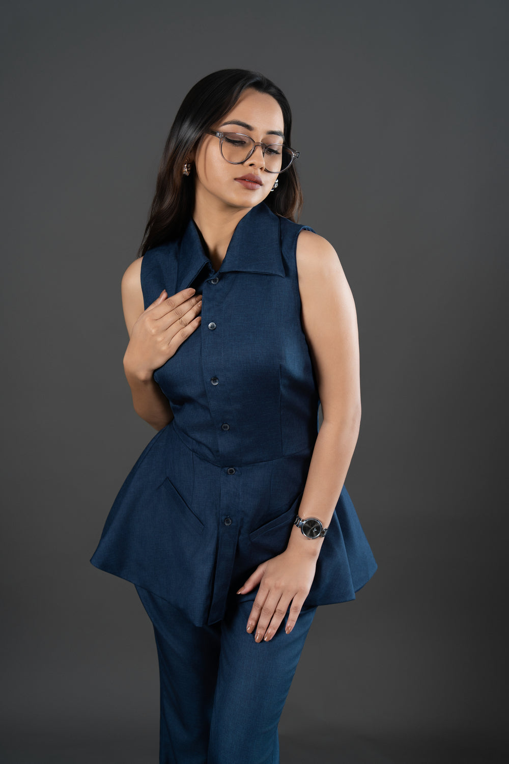 Women’s Navy Blue Co-ord Set – Tailored Peplum Top & Flared Trouser Set