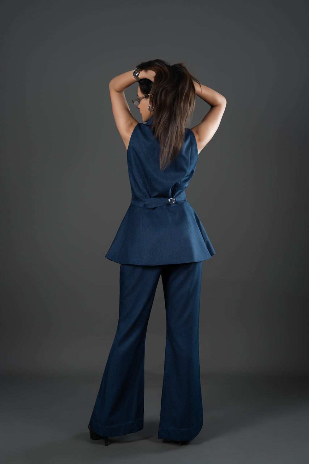 Women’s Navy Blue Co-ord Set – Tailored Peplum Top & Flared Trouser Set