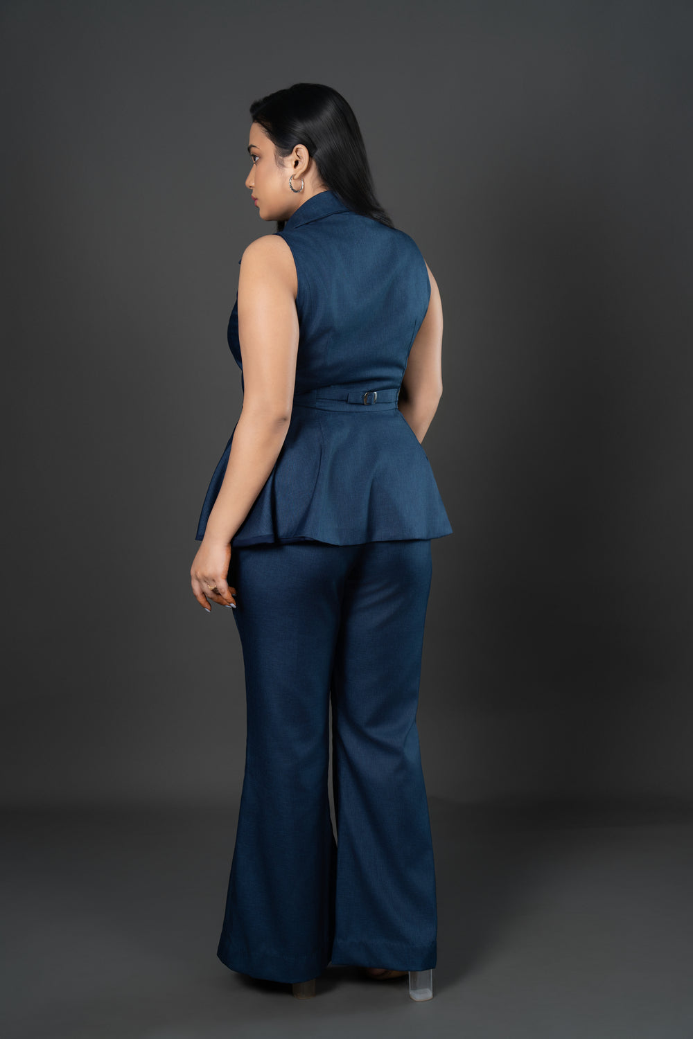 Women’s Navy Blue Peplum Waistcoat – Tailored Sleeveless Workwear Top