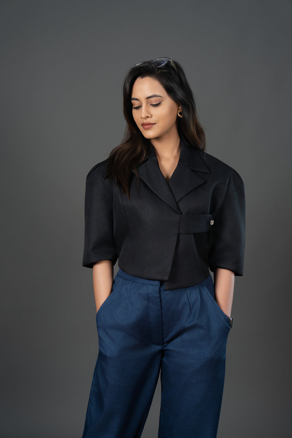 Women’s Black Cropped Blazer Top – Tailored Formal Workwear Jacket