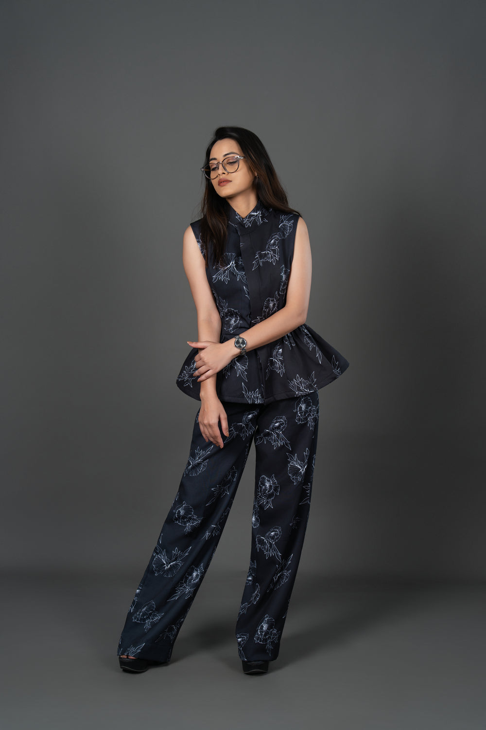Women's Black Floral Print Straight Leg Trousers