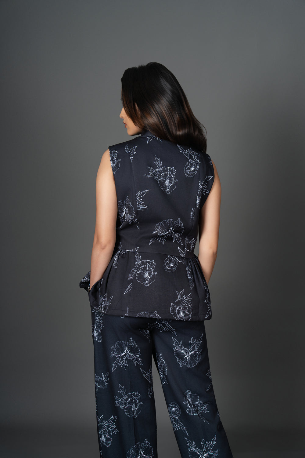 Women’s Black Printed Peplum Waistcoat – Sleeveless Floral Workwear Top