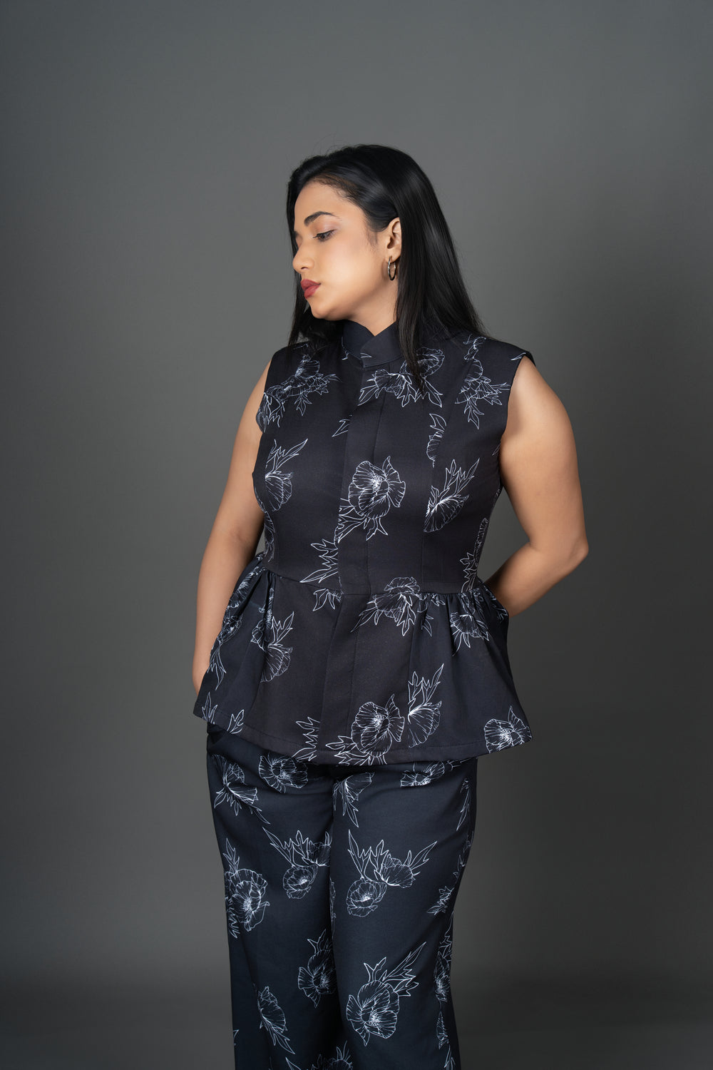 Women’s Black Printed Peplum Waistcoat – Sleeveless Floral Workwear Top