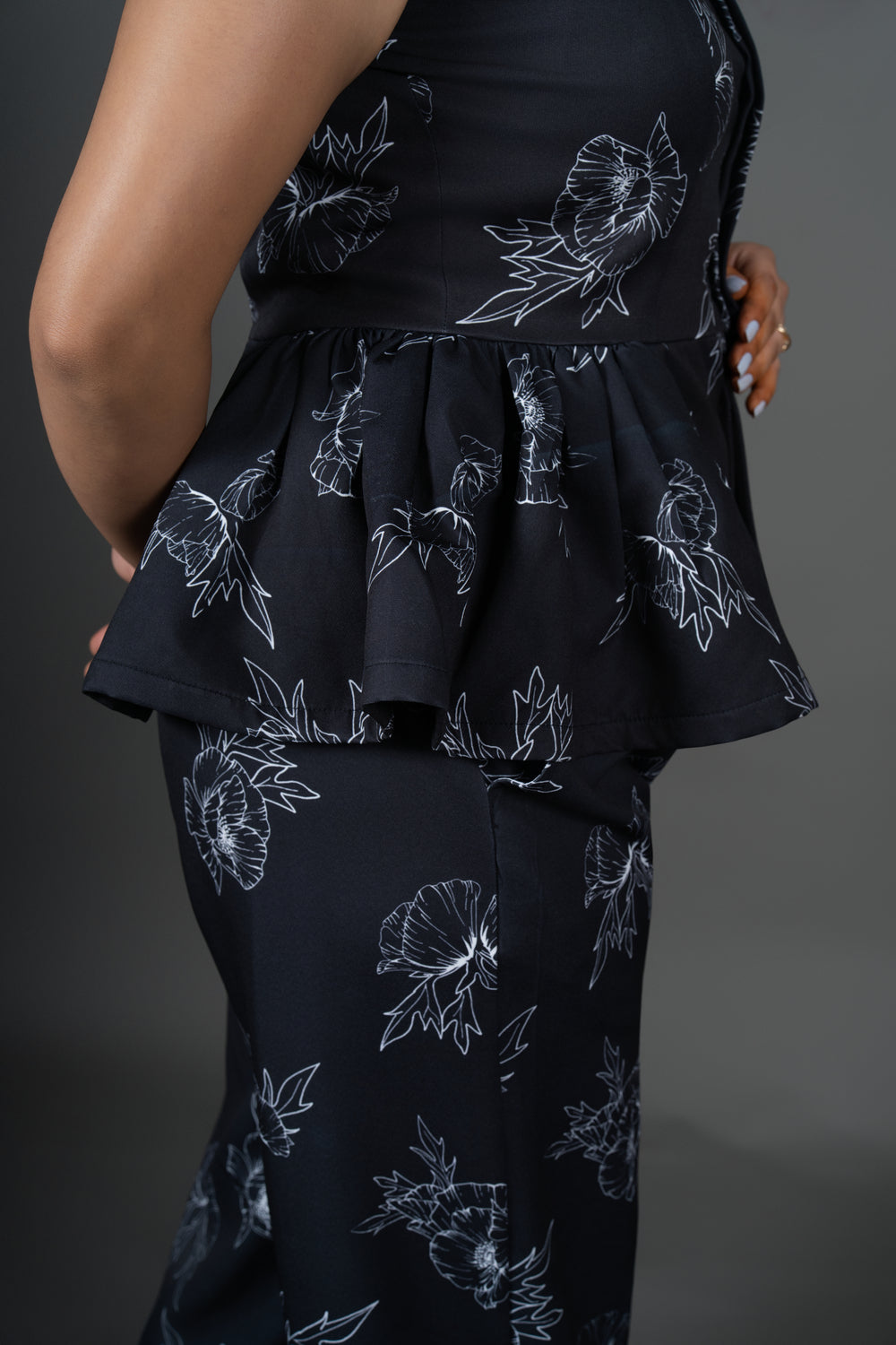 Women’s Black Printed Peplum Waistcoat – Sleeveless Floral Workwear Top