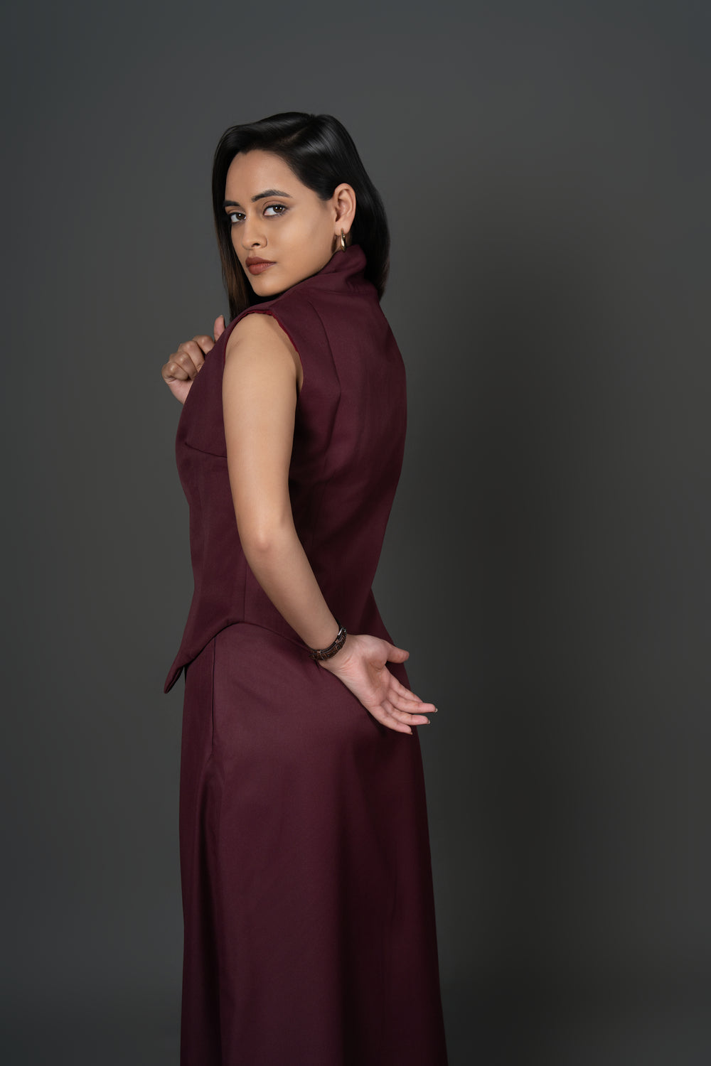 Women’s Maroon Waistcoat & Skirt Co-ord Set – Tailored Formal Two-Piece Set