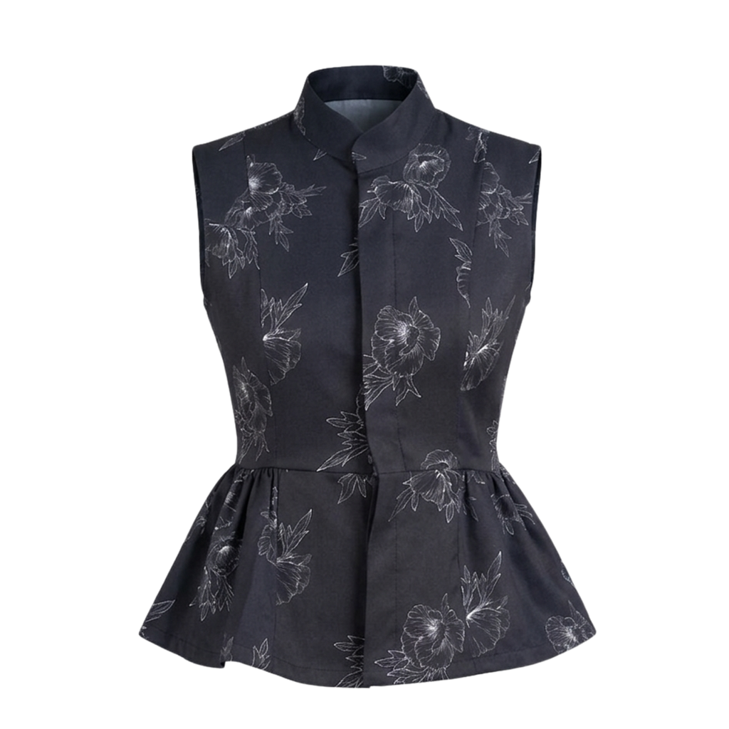 Women’s Black Printed Peplum Waistcoat – Sleeveless Floral Workwear Top