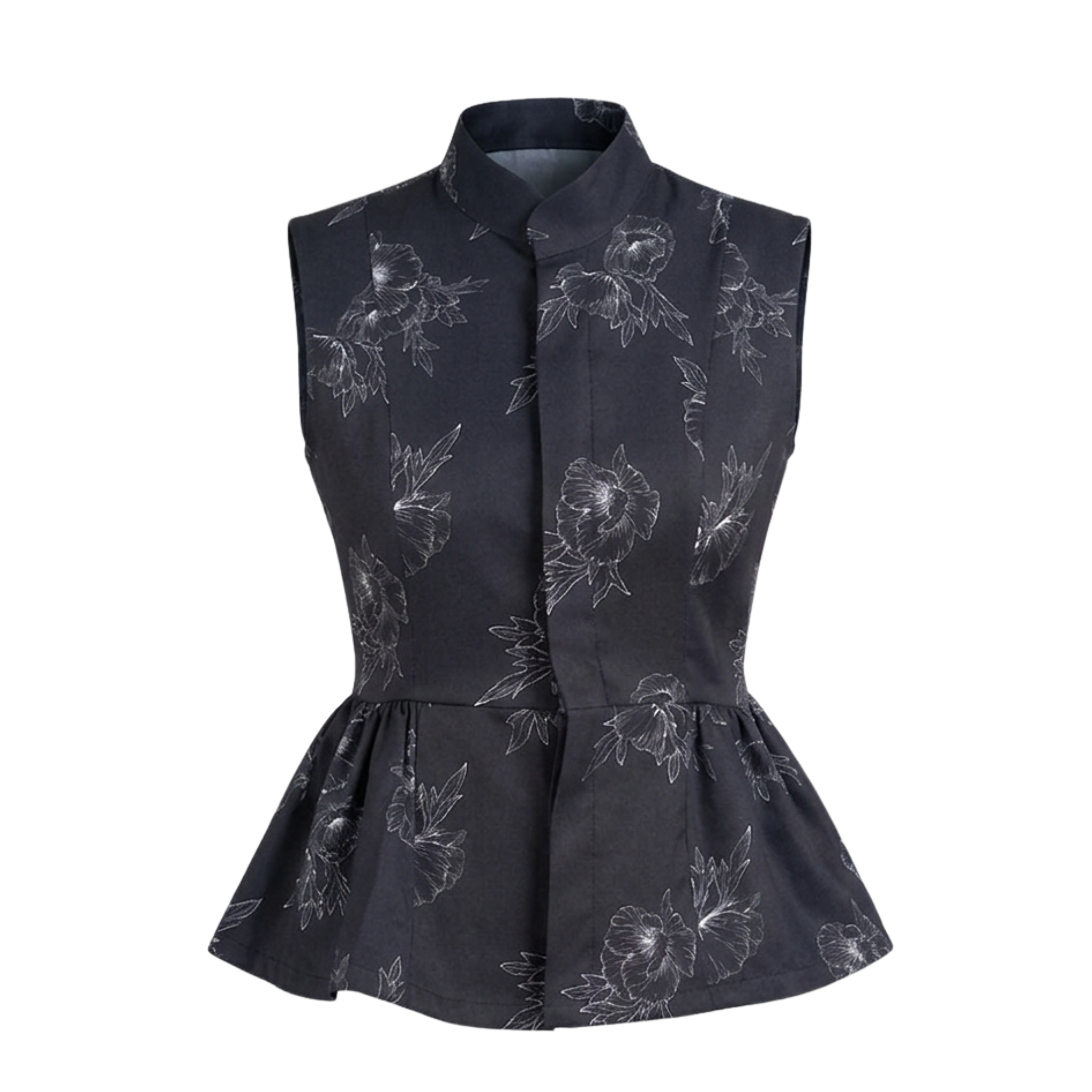 Women’s Black Printed Peplum Waistcoat – Sleeveless Floral Workwear Top