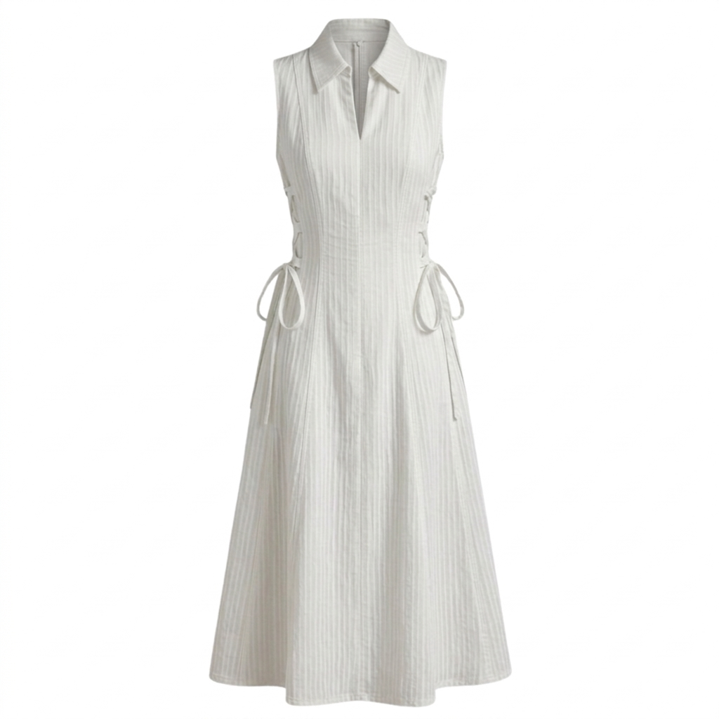 White Stripe tie-waist dress- Midi Length