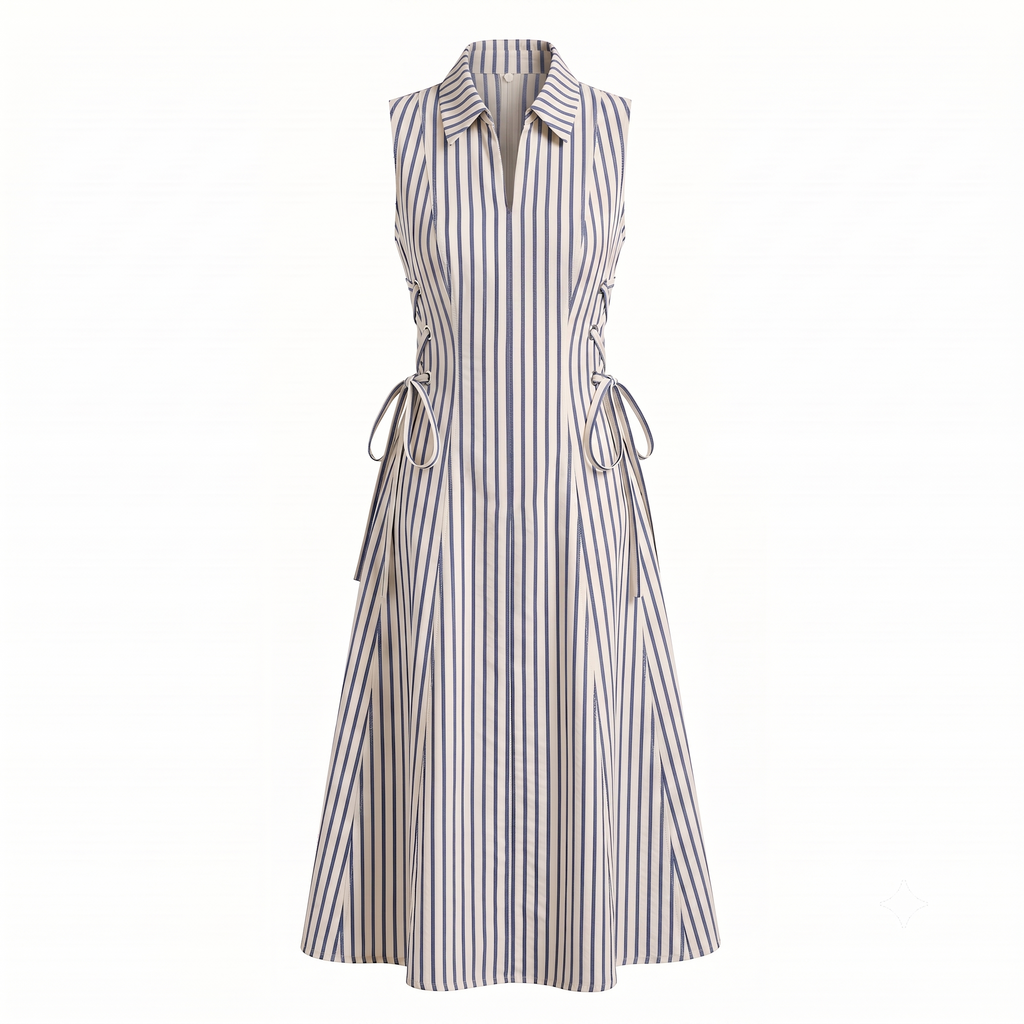 White Stripe tie-waist dress- Midi Length