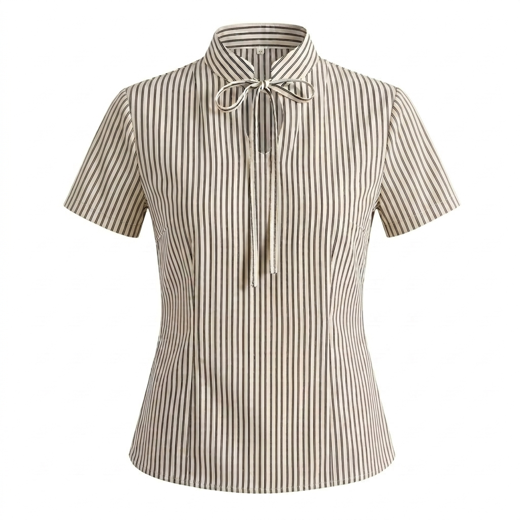 Beige Stripe Tie Neck Top