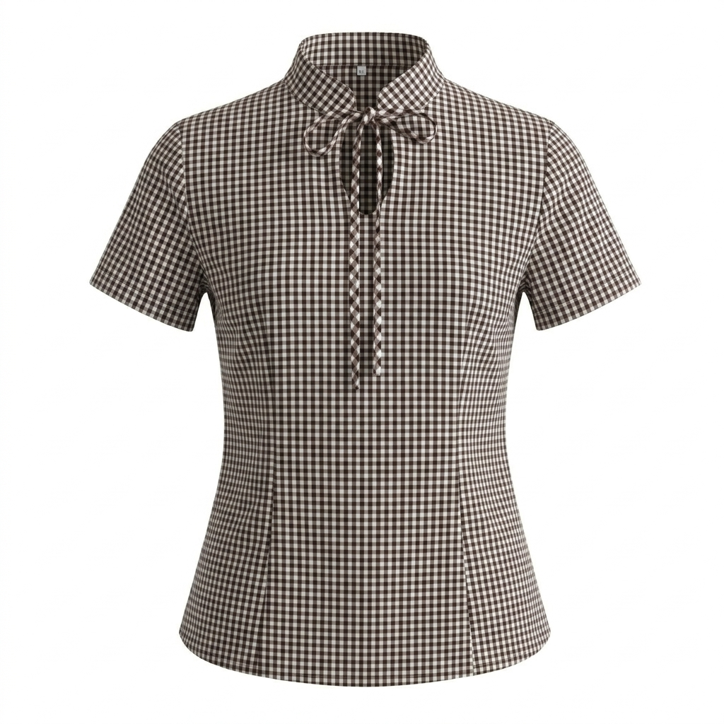 Brown Checks Tie Neck Top-Cotton