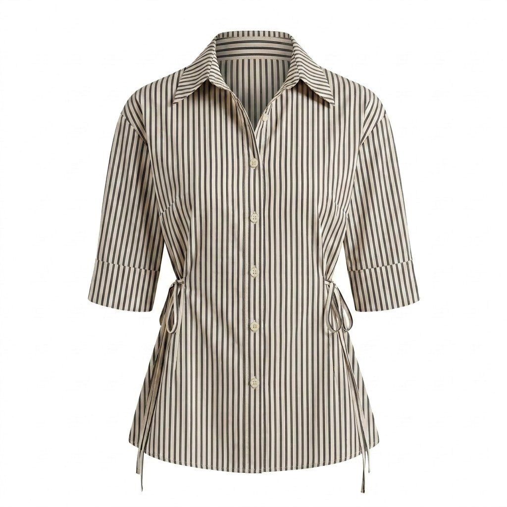 Beige Stripe Ballon Sleeve Shirt