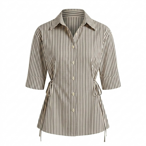 Beige Stripe Ballon Sleeve Shirt