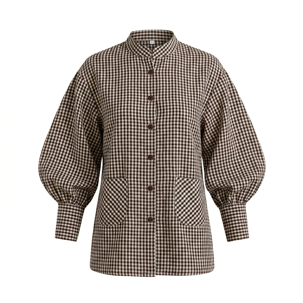 Brown Checks Ballon Sleeve Shirt Cotton