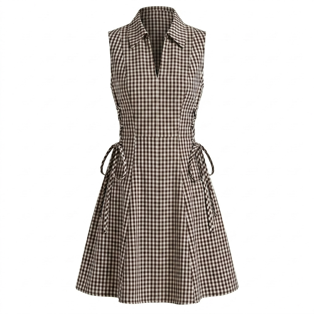 Brown Checks Short Tie Waist Dress-Cotton