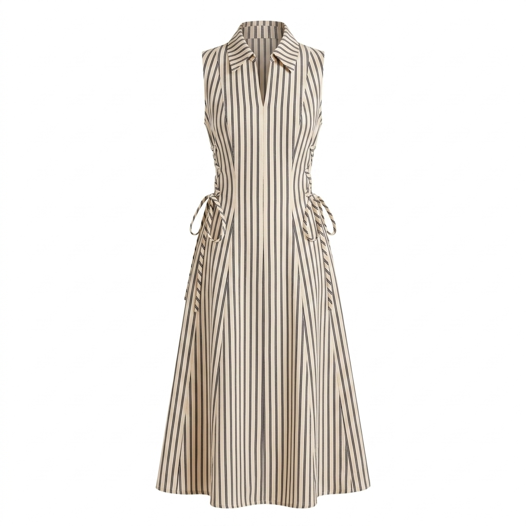 Beige Stripe Tie waist Dress