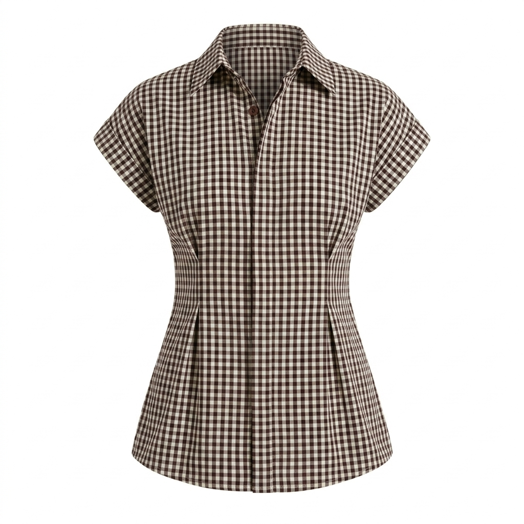 Brown Checks Cap Sleeve Shirt Top-Cotton