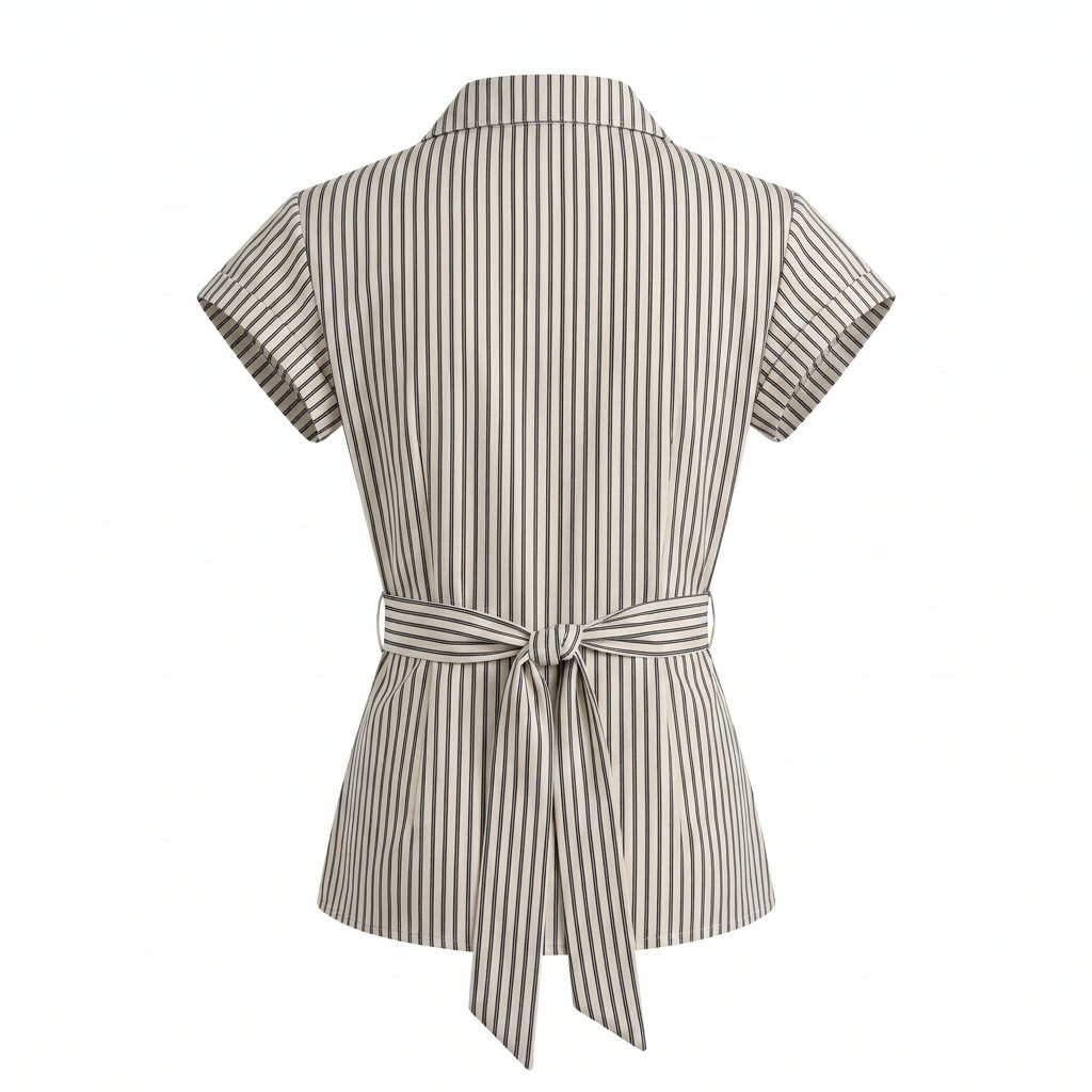 Beige Stripe Short Sleeve Tie Up Top