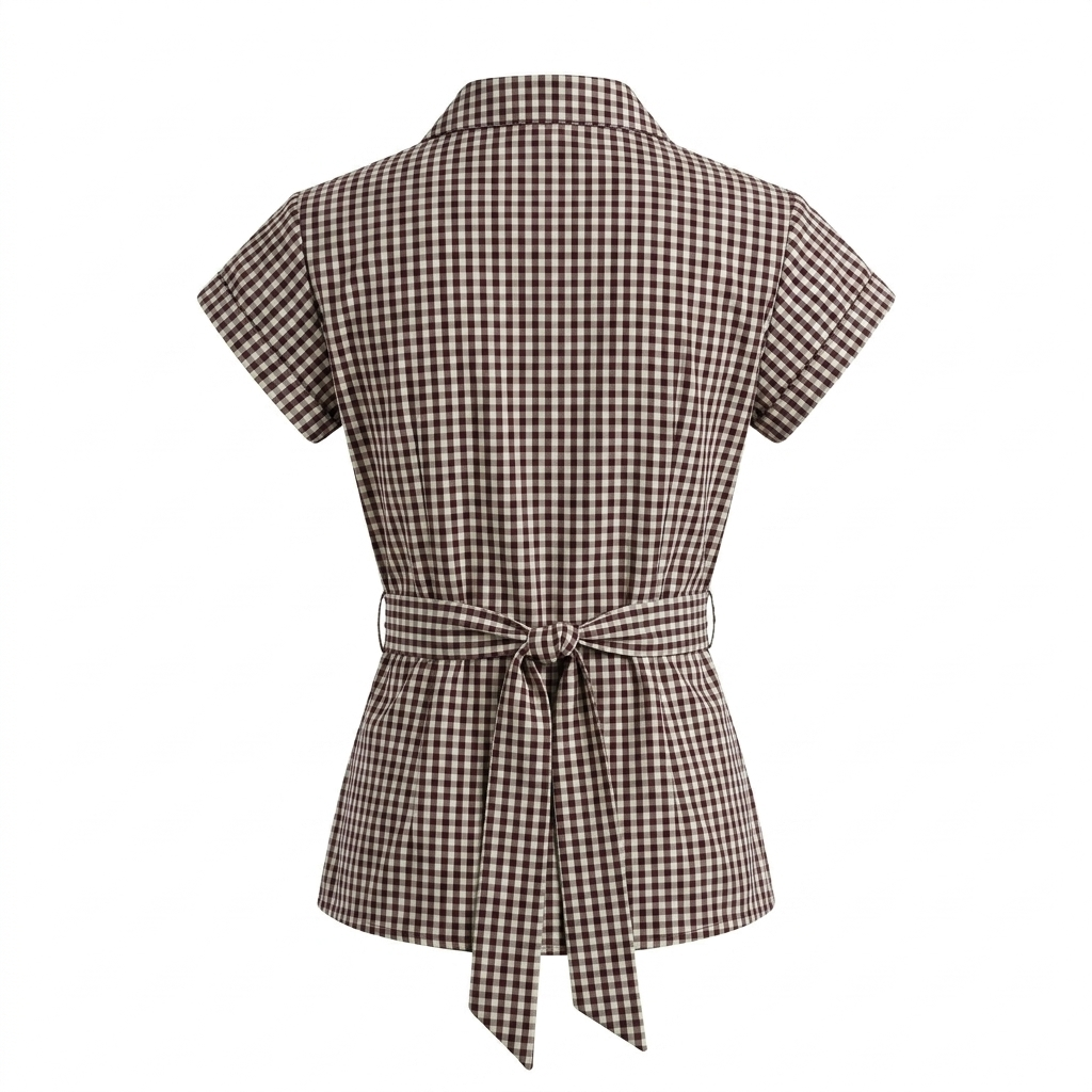 Brown Checks Short Sleeve Tie Up Top-Cotton