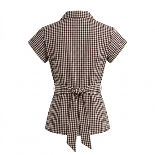Brown Checks Short Sleeve Tie Up Top-Cotton