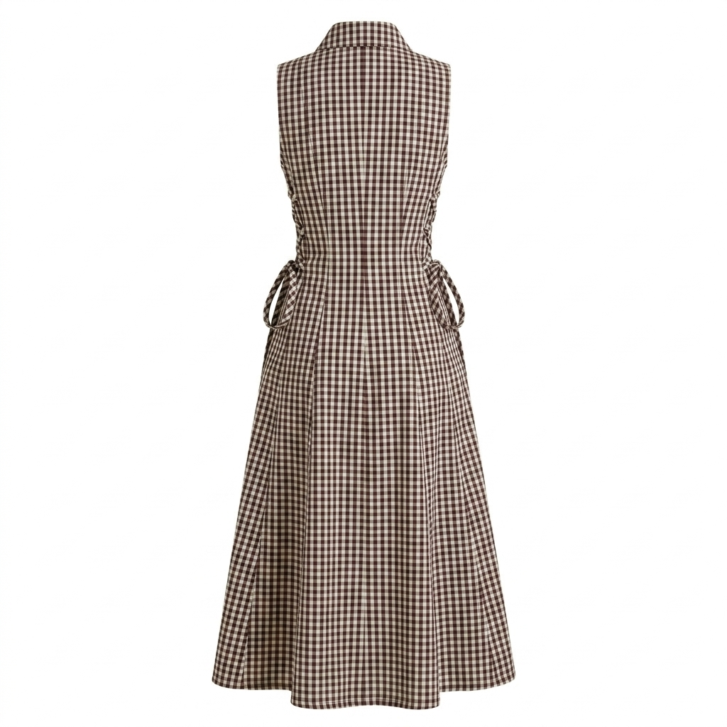 Brown Checks Tie Waist Dress-Cotton
