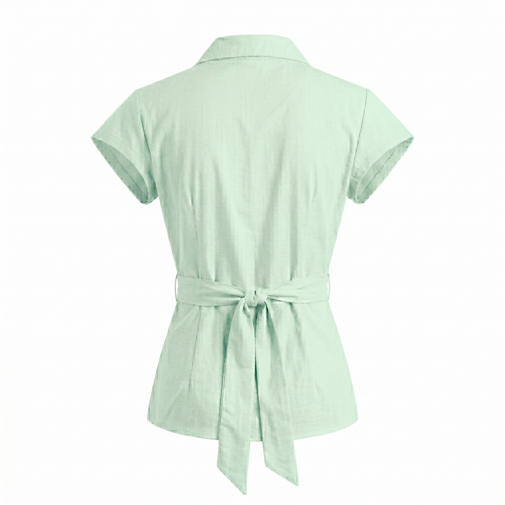 Women’s Linen Solid Short Sleeve Tie-Up Shirt Top