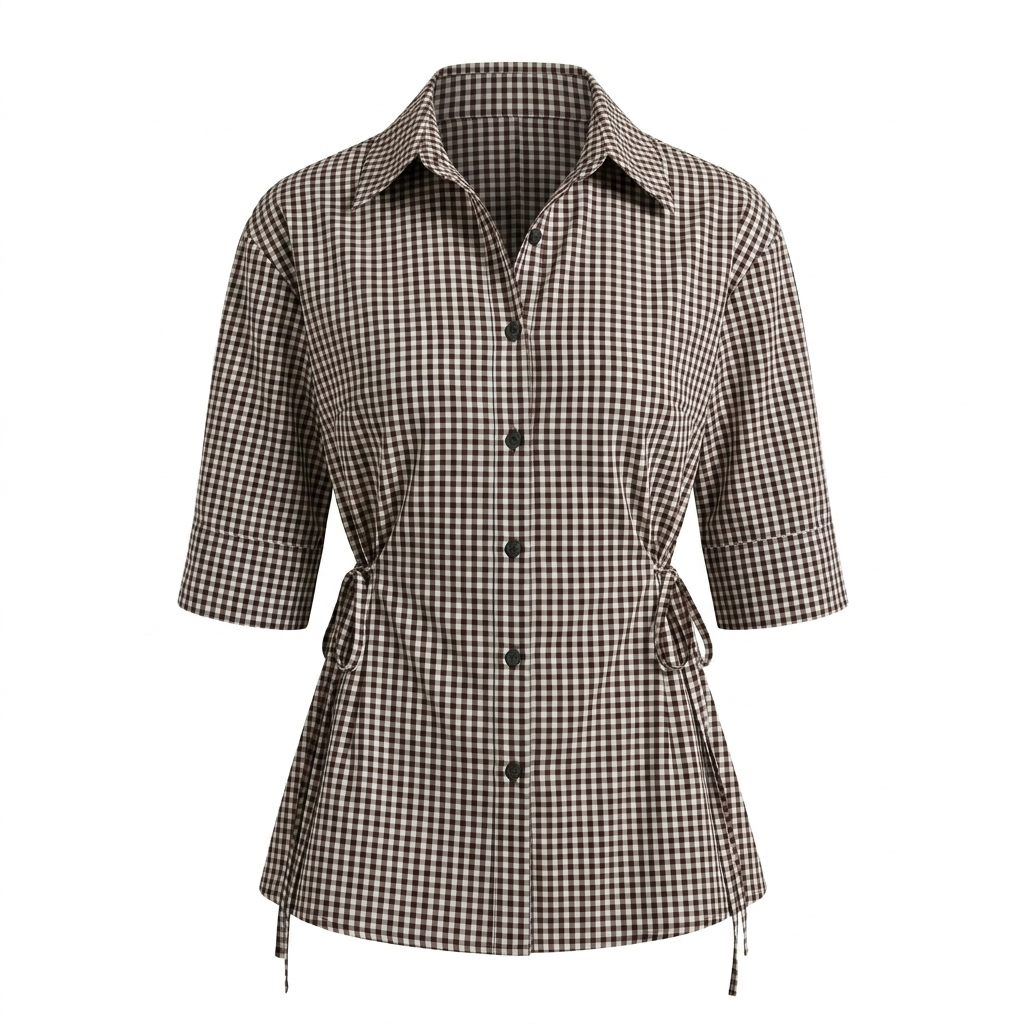 Brown Checks Tie Up Shirt Top-Cotton