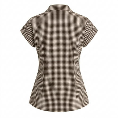 Brown Checks Cap Sleeve Shirt Top-Cotton