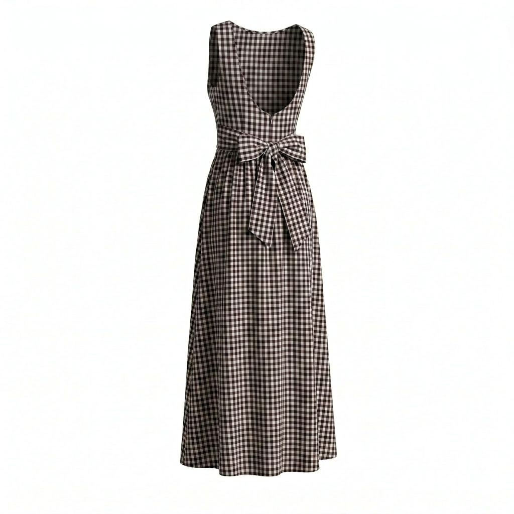 Brown Checks Tie Back Dress-Cotton