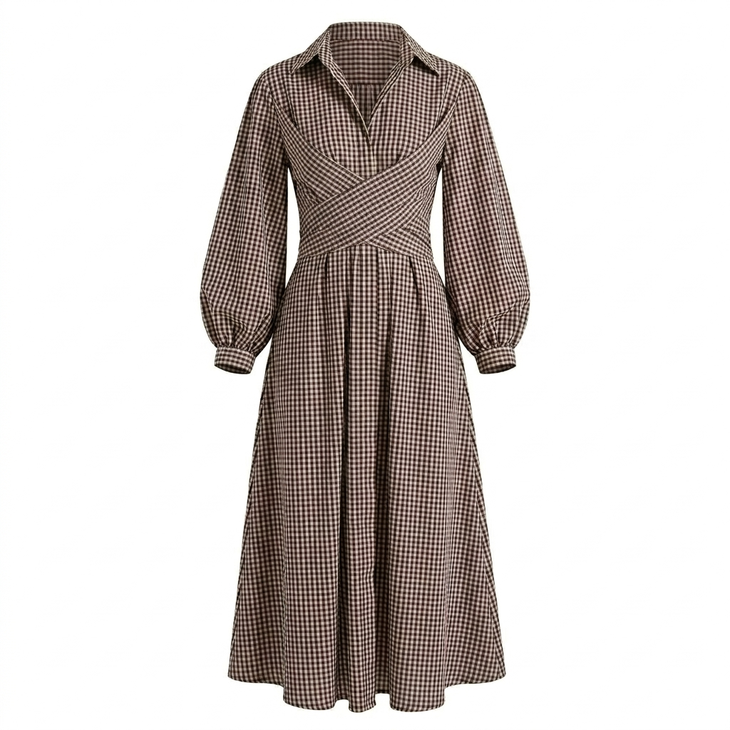 Brown Checks Wrap Dress-Cotton