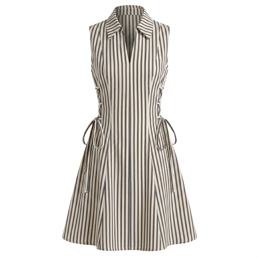 Beige Stripe Short Tie Waist Dress