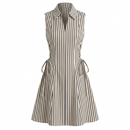 Beige Stripe Short Tie Waist Dress