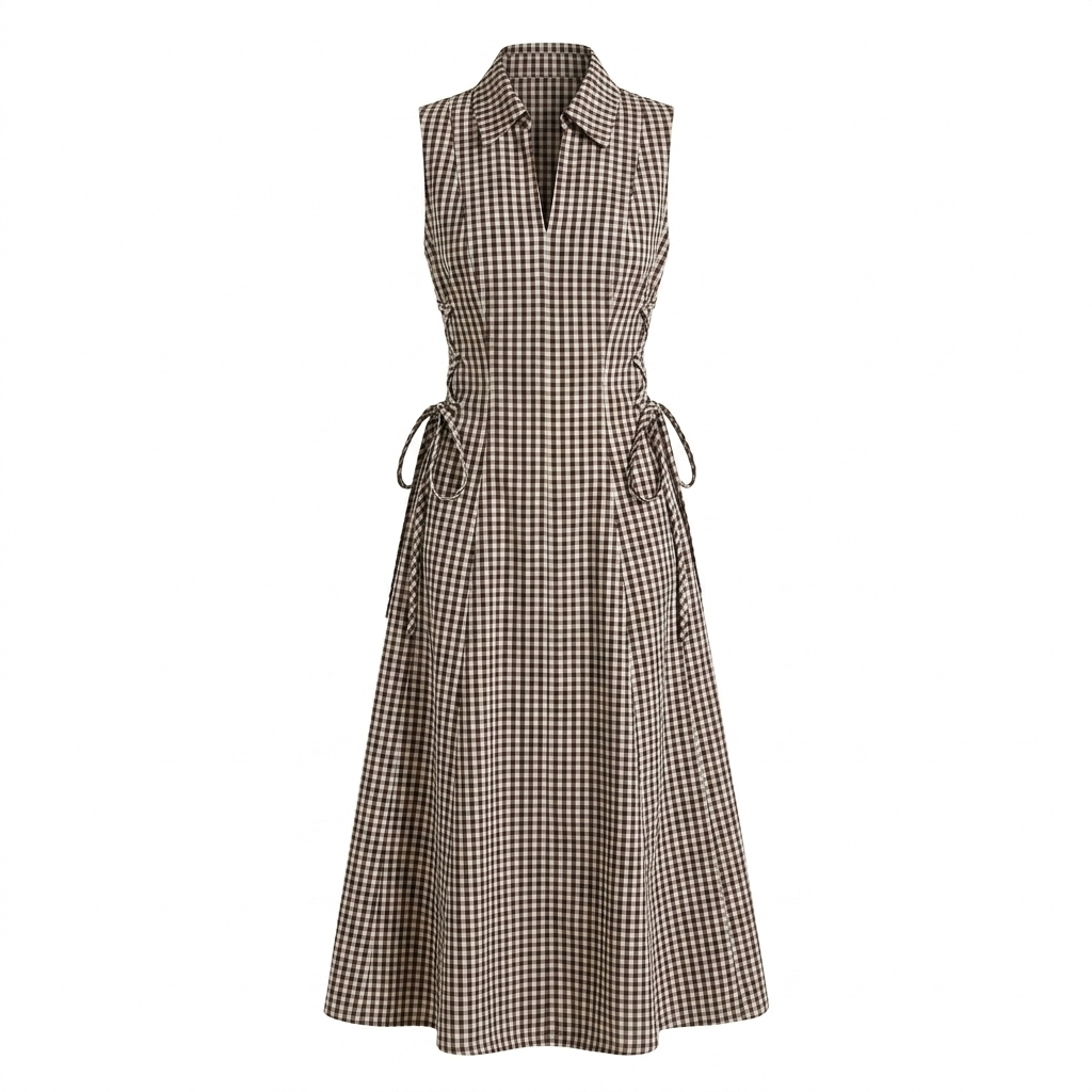 Brown Checks Tie Waist Dress-Cotton