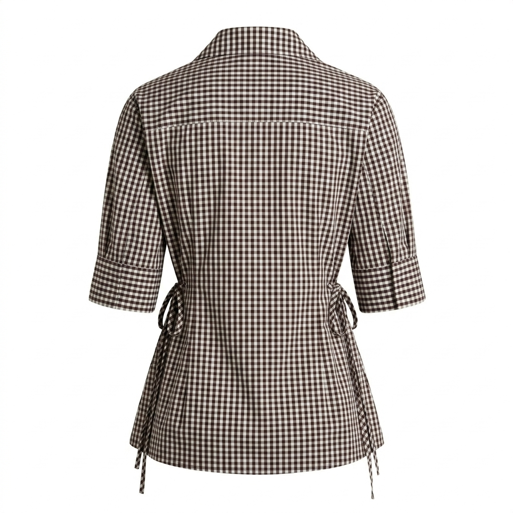 Brown Checks Tie Up Shirt Top-Cotton