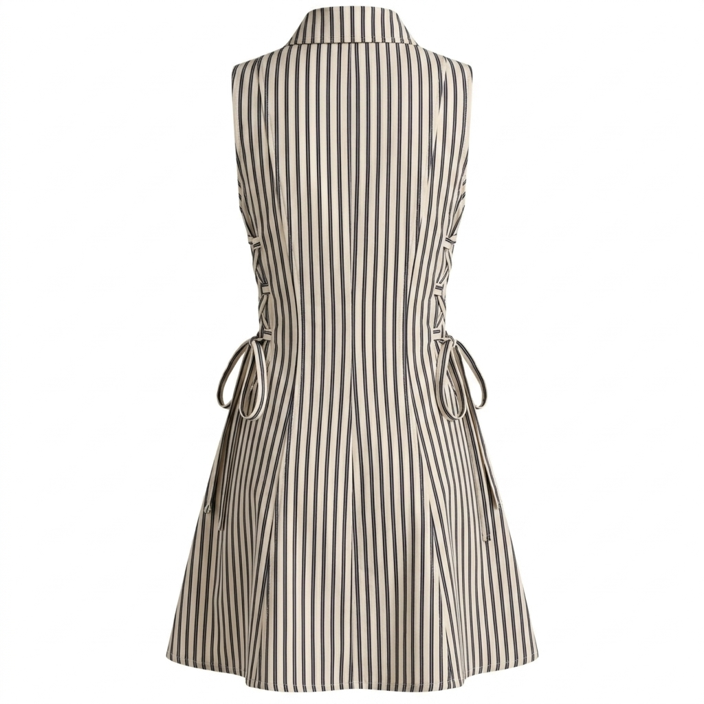 Beige Stripe Short Tie Waist Dress