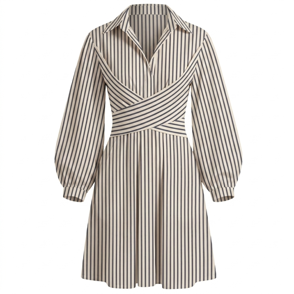 Beige Stripe Short Wrap Dress