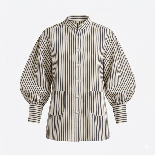 Beige Stripe Ballon Sleeve Shirt