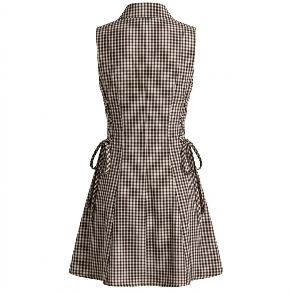 Brown Checks Short Tie Waist Dress-Cotton