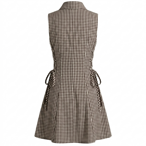 Brown Checks Short Tie Waist Dress-Cotton